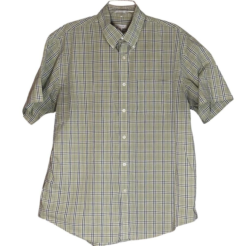 Van Huesen Men's L Green Plaid Classics Short Sleeve Shirt Button-Up 16-16 1/2